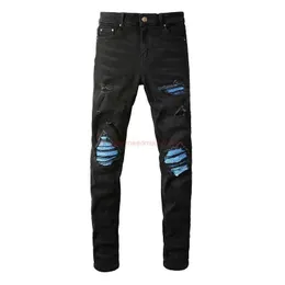 Tasarımcı Giyim Amires Kot Kot Pantolon Moda Markası Amies Kırık Delik Mavi Kumaş Yama Elastik Zayıflama Siyah Yıkama Gösterisi İnce Çok Yönlü Küçük Bacak Kot Pantolon Erkekler