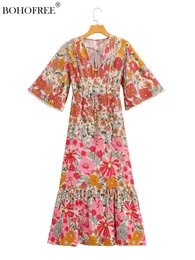 Kleider Boho Vintage Blumendruck Rayon Baumwolldschungel Botanische gedruckte Maxi Hippie Vestidos Ladies Quastel v Hals Kurzarm Kleid