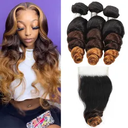 Ombre T1B/4/30 Loose Wave Brazilian Human Hair Bundles With Closure Colored Weave 100% Virgin Hair Ombre Loose Wave Bundles and 4x4 Lace Closure