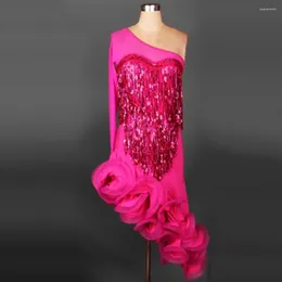 Стадия ношения взрослых/детских латинских соревнований платье розовая кисточка с блестками для танце