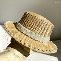 Wide Brim Hats Runway Style Pearl Summer Hat Women Boater Straw Flat Top Jazz Fedoras Handmade Holiday Beach Cap Sun Panama