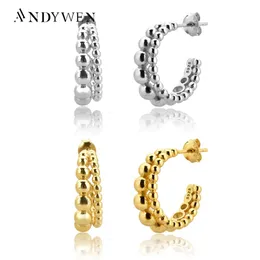 Huggie Andywen 100% 925 Sterling Silver Gold 19mm Beads 2 Circle Hoops round 루프 큰 피어싱 큰 두꺼운 펜디스 보석