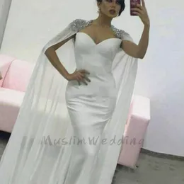 Party Dresses White Arabic Kaftan Evening With Cape Sweetheart Beaded Mermaid Long Prom Dress Cloak Elegant Formal