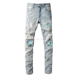 Tasarımcı Giyim Amires Kot Kot Pantolon Moda Markası Amies Açık Mavi Yıkama Su Yapımı Eski Yırtık Kot Erkekler Parlak Mavi Yama Gençlik Elastik Fit Ins Küçük Ayaklar Sıkıntılar