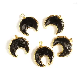 Pendant Necklaces FUWO Natural Obsidian Crescent With Gold Trimmed Double Horn Crystal Jewelry For Necklace Making 5 Pieces/lot PD308