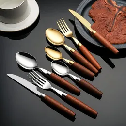 Dinnerware Sets Stainless Steel Upscale Set Wood Handle Dining Fork Steak Knife Dessert Teaspoon Camping Tableware Cutlery Kit