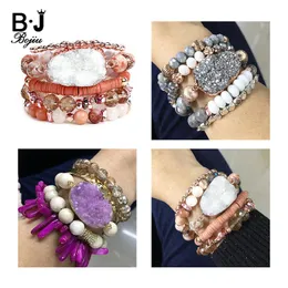 Bangle Bojiu Boho Big Natural Druzy Stone Bracelets für Frauen Elastic Cut Crystal Round Achates Perlenarmband Femme Schmuck BCSET329