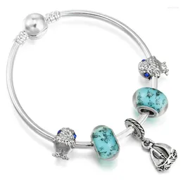 Bangle Sailboat Pendant Silver Color Charm Bracelets DIY Elegant Blue Crystal Beads Charms For Women Jewelry Gift