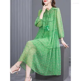Casual Dresses 2023 Green Floral Mulberry Silk Beach Midi Dress Spring Summer Loose Large Size Women Elegant BodyCon Party Vestidos E237