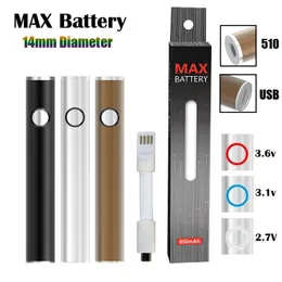 원래 최대 배터리 14mm 직경 카트리지 배터리 650mAh 예열 가변 전압 VV Vape 펜은 USB 패스 스루가있는 510 카트