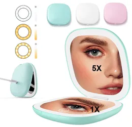 Kompakter Make -up -Spiegel 2 -seit sich wiederaufladbarer kosmetischer Spiegel 1x/5x Vergrößerung LED LEGED TRAVED MISCHET MINOR 3 Farben Helligkeit dimmbar