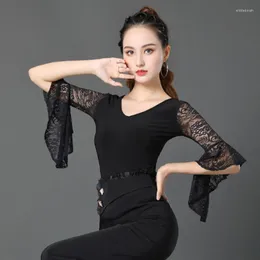 STEGN WEAR Women Ballroom Dance Tops Tops Sexy Lace Stitching Latin Practice Rous