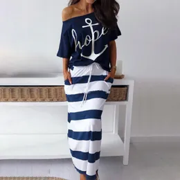 Pants Women Sexy Offshoulder Two Piece Set Dress Fashion Boat Anchor Printed Tops Striped Skirt Set Summer Casual Long Straight Dress