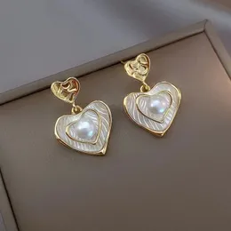 New Classic Imitation Pearl Heart Pendant Stainless Steel Gold Color Earrings For Womens Fashion Jewelry Simple Accessories