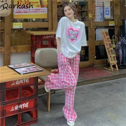 Женские брюки Capris повседневные брюки Женщины розовые клетчатые карманы Простые винтажные уличные дамы моды в полно расстоянии Классический корейский стиль All-Match Ins Y23