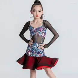 Stage Wear 2023 Latin Dance Dress Girls Leopard Printed Mesh długie rękawy Cha Rumba Ballroom Costume Show DNV17635