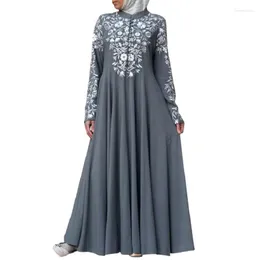 Ethnic Clothing Wepbel Flower Floral Print Swing Dress Abaya Women Ramadan Wear Long Sleeve Muslim Stand Collar Robe Caftan Style