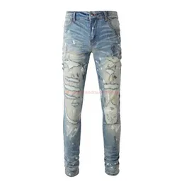 Tasarımcı Giyim Amires Jeans Kot Pantolon Amies High Street Yıpranmış Eski Jeans Erkek Slim Fit Elastik Diz Deliği Küçük Ayak Uzun Pantolon Erkek Sıkıntılı Yırtık Skinny Motocy