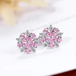 Fashion Pink Shiny Cherry Blossom Zircon Stud Earrings Women Classic Crystal Sterling silver Stud Earrings Sweet Statement Earrings Vintage Jewelry