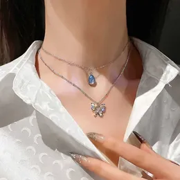 Pendant Necklaces New Zircon Butterfly Women's Necklace Lamp Luxury Simple Blue Stone Accessories Temperature Clip Chain Jewelry Wholesale G220524