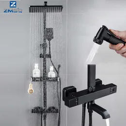 Badezimmer-Duschsets, schwarze Temperaturarmaturen, Badezimmer-Zubehör-Sets, Duscharmatur, Badezimmer-Hybrid-Badewannenmischer, Kran-Duschspray mit Ablage, G230525