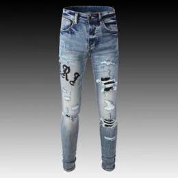 Jeans masculina moda de streetwear masculino jeans retro azul claro elástico slim fit jeans jeans masculam designer de patch designer hip hop punk calças hombre 230524