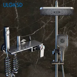 バスルームシャワーセットピアノシャワーセットフルバスルームの降雨サーモスタットシャワー蛇口LCDデジタルディスプレイバスルーム蛇口4ウェイミキサータップG230525