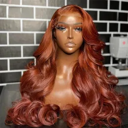 フリーパーツGlueless Pervian 13x4 Lace Frontal Wigs Dark Auburn /Ginger Orange Colored Simulaiton Human Hair Body Wave Wigs透明レース閉鎖ウィッグ女性向け