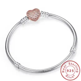 Handmade Original 925 Sterling Silver Snake Chain Bracelet Secure Heart Clasp Beads Charms Bracelets For Women Men DIY Jewelry