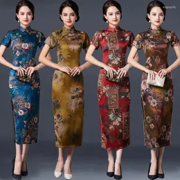 Etniska kläder S-6XL Cheongsam kinesiska retro kvinnor lång klänning blommig kort ärm broderi stativ krage traditionell stil elegant mode