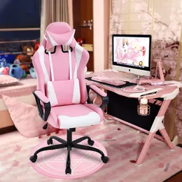 Cadeira de jogos Poptop para adolescentes PU Cadeiras de computador de couro com apoio de cabeça, travesseiro de cintura e rodas silenciosas, rosa