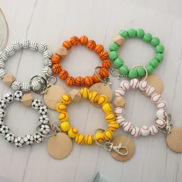 DIY Beaded Bracelet Keychain Pendant Party Favor Sports Ball Soccer Baseball Basketball Wooden Bead Bracelet 9 Colors new