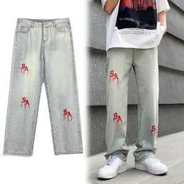 Erkek Kot Deeptown Y2K İşlemeli Düz kot pantolon Retro Kırmızı Mektup Gevşek Kot Pantolon Günlük Hip Hop Pantolon Erkek Sokak Giyim Moda 230524