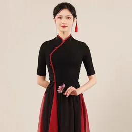 새로운 클래식 댄스 드레스 여자의 흑인 현대 댄스 바디 매력 매력 훈련 드레스 중국 스타일 치즈 삼나무 짧은 슬리브 탑