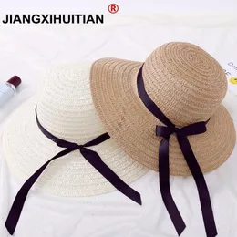 Wide Brim Hats Jiangxihuitian 2023 Fashion Summer Straw Hat Cap Women's Ladies' Foldable Large Ribbon BowBeach Female Sun