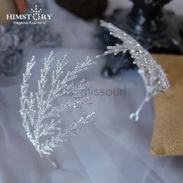 Andra modetillbehör Himstory White Leaves Branch Bride Tiaras och Crowns Rhinestone Crystal Diadem Weddem Headboard Bridal Hair Jewelry Orname J230525