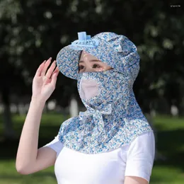 Широкие шляпы с краями Отличный вентилятор Sunhat Floral Print Summer Hat с USB-кабельным анти-UP