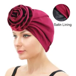 New Women Big Flower Muslim Turban Satin lining Head Wrap Hijab Sleep Night Hat Chemo Cap Elastic Beanie Ladies Bandana Headwear