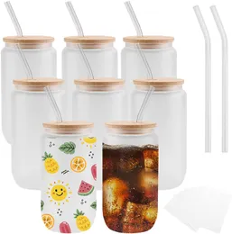 12oz 16oz USA Warehouse Water Bottles DIY Blank Sublimation Can Tumblers Shaped Beer Glass Cups with Bamboo Lid and Straw for Iced Coffee Soda G0525