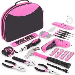 POPTOP 122-Piece Pink Tool Kit with 3 6V Rotatable Electric Screwdriver-Ladies Work Kit