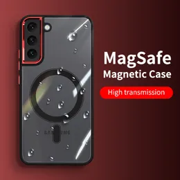 Luxo Magsafe Magnetic Metal Frame Phone Case para Samsung Galaxy S22 S23 Ultra Plus Clear HD Armadura sem fio Protection Lens de proteção contra a tampa traseira