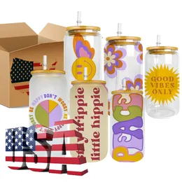 USA Stock 16oz Mugs for DIY Sublimation Printing Clear Tumblers Tumblers Beer Hans Beer Coffee Beverages Bold With Bamboo Wid and Straw BB0525