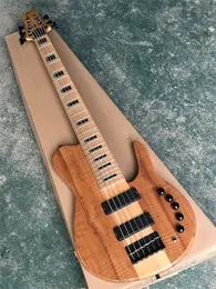 6 strängar Natural Wood Color Electric Bass Guitar Ash Burl Spalted Maple Top Neck Through Body Black Hardware Maple Fingerboard 9V Active Pickups