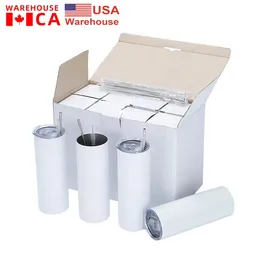20oz Blank Sublimation White Tumblers DIY Printing 304 Double Walled Stainless Steel Straight Water Bottles Car Mugs 25pc/Carton