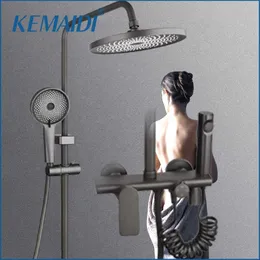 Bathroom Shower Sets KEMAIDI Bathroom Shower Faucet Set Gun Grey 4-functions Rainfall Shower Head Solid Brass Bath Mixer Shower Bidet Spray Faucets G230525