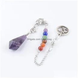 Anhänger Halsketten Natursteine Anhänger Kegel Buddha Kopf 3D Pendel 7 Chakra Kette für Dowsing Wicca Hexagon Reiki Amethysten Lapis Dh6Ve