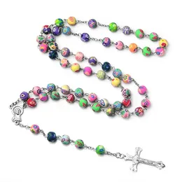 Multicolor Polymer Clay Beads Rosary Cross Necklace For Women Crucifix Pendant Chain Kvinnlig religionsmycken