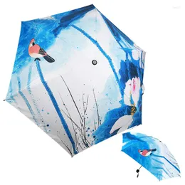 Parasol anty-UV Mini parasol obraz olejny Paraguas Compact Sun Rain Women Parasol Bird Portable Solding Blue Travel