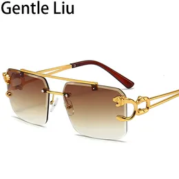 نظارة شمسية عتيقة Rimless Square Seprases Women Luxury Brand Grand Grand Grases for Men Leopard Eyewear Lunette de Solel Homme 230524