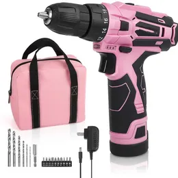 Poptop roze snordeloze boordriver set, 12V elektrische schroevendraaier Driver Tool Kit voor vrouwen, 3 8 keyless chuck, lader en opbergtas